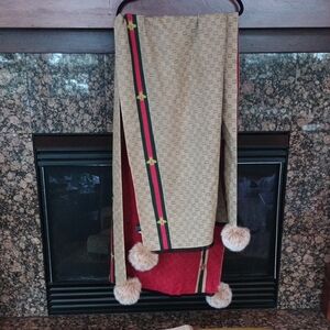 Designer Beige Monogram Scarf with Red Trim & Fur Pom Poms